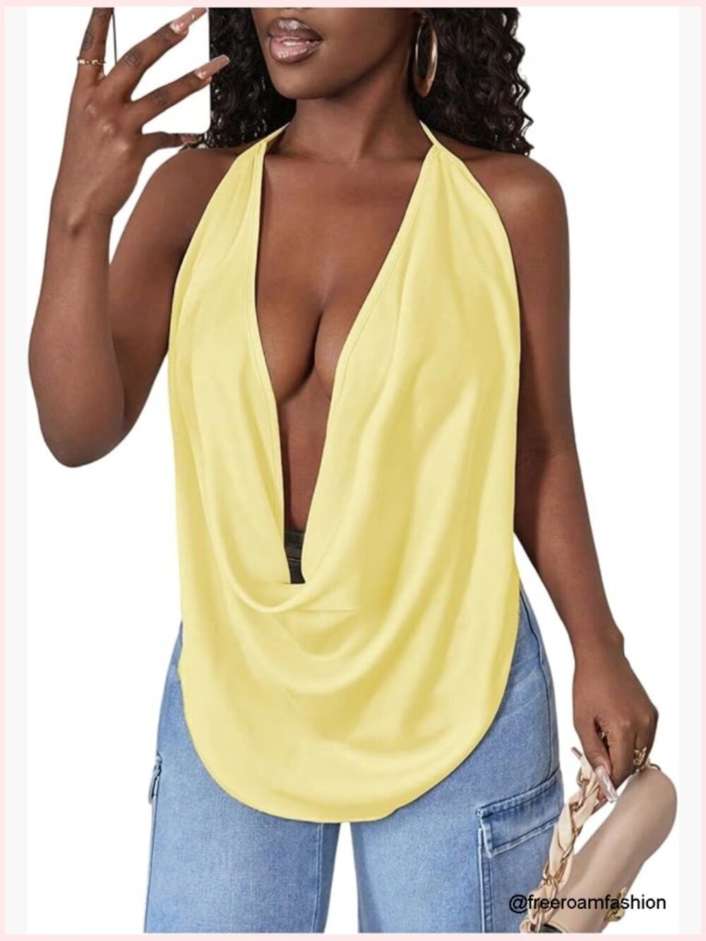 Women's Cowl Neck Cami Top Deep V Halter Tie Back Y2K Going Out Sleeveless